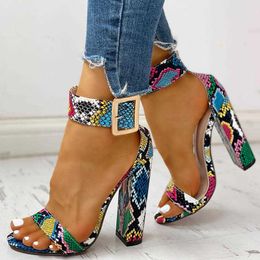 2024 Summer Women Snakeskin Ankle Buckled Chunky Heeled Sandals Open Toe Leopard Party Shoes T230208 Bb836 4C2a8