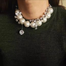 Choker Freetry Double Layer Big Pearls Crystal Necklaces For Women Shiny Rhinestone Splicing Necklace Statement Jewelry