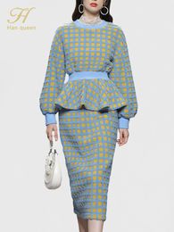 Two Piece Dress H Han Queen Winter Korean Woman Plaid 2 Pieces Set Collision Sweatshirt Top Vintage Pencil Skirt Simple Suit 230208
