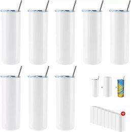 20oz Mugs Sublimation White Straight Tumbler Set Stainless Steel Insulated Travel Office Tumbler with Closed Lid Straw Slim Water Cup DIY Gifts