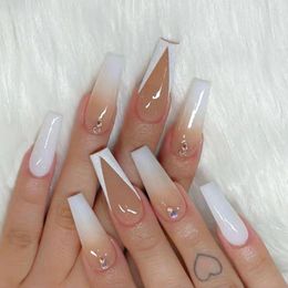 False Nails Glossy French White Gradient Long Ballerina Coffin Fake Nail Tips Removable Ombre Art Full Cover Press On