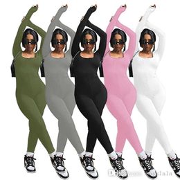 Womans Jumpsuits Designer 2023 Spring New Rompers Sexy One Piece Long Sleeve U Neck Pit Strip Slim Suit Fitness Clothes