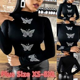 Women's T-Shirt Womens Butterfly Diamonds Long Sleeve T-shirt Femme Butterfly Pattern Studded Fashion Tops Loose Slim Shirt XS-8XL 230209