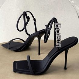 New Toe Crystal Letters 2024 Sandals Decor Square Women Pumps Sexy High Heels Black Wedding Dress Shoes Gladiator Sandal T230208 359