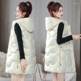 Women's Vests Hooded Shiny Down Cotton Vest Ladies Mid-Length Loose Trendy Women Winter Waistcoat Quilted Jacket Korean Sleeveless Coat T549