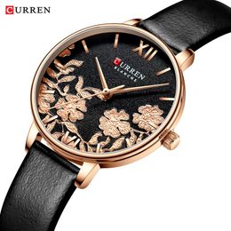 CURREN Leather Women Watches 2019 Beautiful Unique Design Dial Quartz Wristwatch Clock Female Fashion Dress Watch Montre femme186U