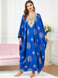 Ethnic Clothing Oversized Casual Loose Solid Blue Gold Floral Love Embroidered Bat Wide Sleeve Abaya Moroccan Kaftan Muslim Women Prom