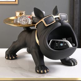 Decorative Objects Figurines Nordic Decor Sculpture Dog Big Mouth French Bulldog Butler With Metal Tray Table Decoration Statue For Live Room Dog Bulter 230210