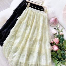 Skirts A-Line Skirt Women 2023 Spring Summer Tulle Black Lace Long Mesh Slim Elastic High Waist Pleated Ruffle