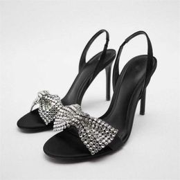 Black Women Sequins Sandals Rhinestone Bow TRAF Round Toe High Heeled Shoes Woman Elegant Prom Stiletto Pumps Summer T Ee