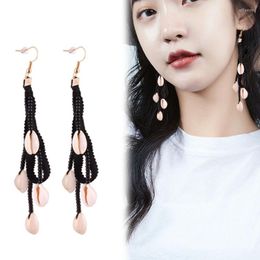 Dangle Earrings Boho Women Natural Shell Pendants Knitting Black Ribbon Long Tassels Dig Hanging Drop Jewellery Accessories Gifts