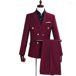 Men's Suits Men's Suit 2 Piece Set Wine Red Double-breasted Slim Jacket With Trousers Wedding Banquet Formal Dress