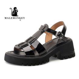 2022 sandals Leather women New Platfrom Summer Retro Non Slip Chunky Heels Sandals Round Toe Roman Female Shoe Handmade ab11