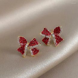 Stud Earrings Red Zircon Crystal Bow For Women Heart Shape Bowknot Christmas Earring Girl Year Festival Jewellery