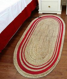 Carpets Rug Natural Jute Braided Reversible 2x4 Feet Oval Color Red Stripes Modern Area Carpet