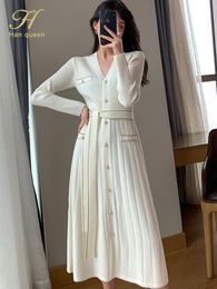 Casual Dresses H Han Queen Autumn Single-Breasted Casual Pullover Sweater Vestidos Elegant Simple Office Dress Women's V-Neck A-Line Dresses 230210