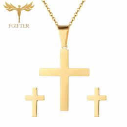 Necklace Earrings Set & Fashion Stainless Steel Golden Color Cross Stud Pendant Christian Jewelery AdornmentEarrings