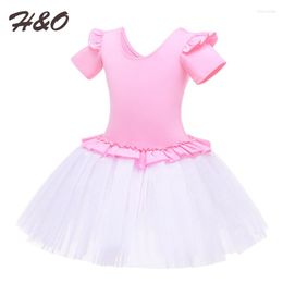 Stage Wear Girl Kids Teens Short Sleeve Lace Ballet Tutu Dress Fancy Party Tulle Ballerina Dance Performance Girls Gymnastics Leotard