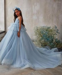 Girl Dresses Blue Kids Flower Puffy Princess Dress Tulle Layers First Communion Fluffy