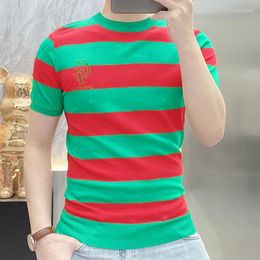 Men's T Shirts 2023 Summer Contrasting StripesT Slim Fit Elastic Thin Breathable Men's Knitting Short Sleeve Ice Silk Tee