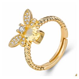 With Side Stones Fashion Gold Cute Bee Open Ring For Women Girl Simple Cz Party Jewellery Sier Rings Drop Delivery Dh7Yf