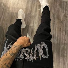 Men's Jeans Men Black Skinny Jeans Motorcycle Street Trendy All-match Cozy High Waist Advanced Rhinestones Stretch Pencil Denim Pants 230209