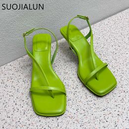 Women Suqare New Sandals Toe Summer SUOJIALUN Snadal Fashion Narrow Band Ladies Causal Gladitor Slides Thin High Heel Dress Pumps T