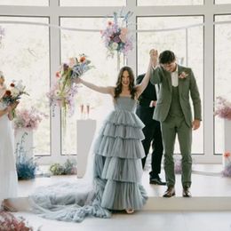 Gorgeous Dusty Blue Wedding Dresses Bridal Gown Tulle Tiered Ruched Pleats Sweep Train A Line Beach Country Custom Made Plus Size Vestido De Novia