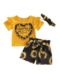 Clothing Sets Infant Kids Girls Summer Outfits Short Sleeve Letters Print Tops Floral Ruffle Shorts Head Band Suit W230210