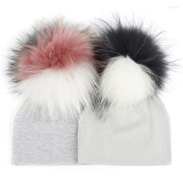 Berets Baby Boys Girls Beanies Hats Soft Warm Toddler Children Cotton Gorros With Triple Colour Real Fur Pompom