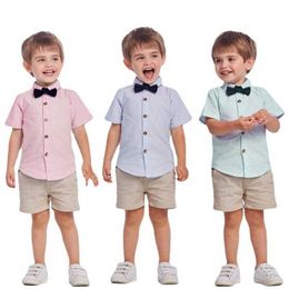 Clothing Sets 2023 Baby Boys Outfit Sets Summer Kids Clothes Fashion Suit Infant Boy Striped Shirt Short Overalls Pink England Style Costumes W230210