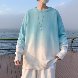 Men's Sweaters Blue Oversize Long Sleeve O Neck Gradient Tie Dyed Knitted Pullovers Japanese Sueter Hombre 2023 Fashion Fall Vintage 230209