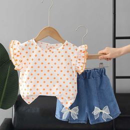 Clothing Sets Baby Girls Sweet Suit Summer Clothing Sets Polka Dot Flying Sleeve TopsBow Denim Shorts 2Pcs Kids Clothes Baby Girl Outfit 14Y W230210