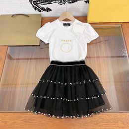 Clothing Sets brand children's clothing 2022 summer white T shirt skirt small girl 2pcs suit top beads gauze skirt girl suit W230210