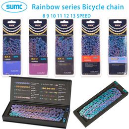 Chains SUMC Bicycle chain 9/10/11/12 Speed 116/126L Rainbow Series Hollow Chain For MTB Road Bike With Missinglink Compatible Shimano 0210