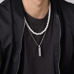 Pendant Necklaces Men Stainless Steel Roman Numerals Bar And Simulated Pearl Chain Stacking Stylish Geometric Collar Gift To Him