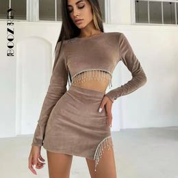 Two Piece Dress BoozRey Sexy Velvet Open Back Mini Skirt Set Women Solid Long Sleeve Top Tassel Split Elegant Party Club Wear 230209