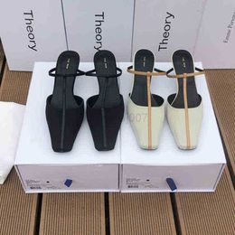 The row shoes spring new minimalist leather Baotou high-heeled slippers sandals French Muller shoes women
