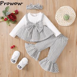 Clothing Sets Prowow Houndstooth Baby Girl Outfit Big Bow Plaid Long T shirts Flared Trousers Headband Kids born Clothes 230209