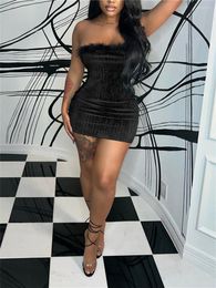 Casual Dresses Wsevypo Shiny Glitters Feathers Strapless Bodycon Dress Women Sexy Sleeveless Off-Shoulder Tube Top Mini Party Clubwear