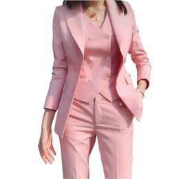 Womens Two Piece Pants Fashion Ladies Business Solid Colour Suits Trousers Waistcoat Womans Pink Blazers Jacket Vest Set 230209