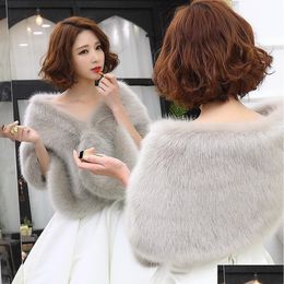 Wraps Jackets Winter Wedding Coat Bridal Faux Fur Warm Shawls Shrug Outerwear Grey White Red Women Jacket Prom Evening Cloak Scarf Dhj8A