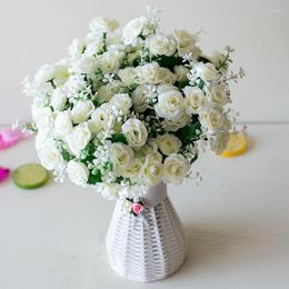 Decorative Flowers 15 Heads Mini Roses Bouquet Artificial Flower Wedding Scene Layout Fake Floral Living Room Desk Christmas Home Decor