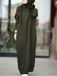 Casual Dresses Women Muslim Dress Sweatshirt Dress Stylish Hoodies Long Sleeve Maxi Dress Female Casual Solid Hooded Vestidos Robe 230210
