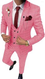 Men's Suits Pink Casual Men's Suit Slim Fit Type 3 Pieces Double Breasted Breathable TR Plaid Thin Prom Dress Jacket Party Travel