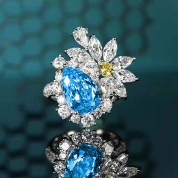 Necklace Earrings Set & Luxury Sterling Silver Flowers Sea Blue Water Drop Crystal For Women Wedding Engagement Ring Stud SetEarrin