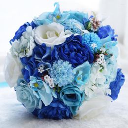 Decorative Flowers Hand Holding Blue Rose Bouquet Handmade Ribbon Flower For Wedding Party Bride Bridesmaid