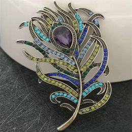 Brooches Vintage Victorian Peacock Feather Art Deco Brooch With Crystal Groom Rhinestone On Clothing Lapel Pin Button Decoration