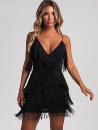 Casual Dresses Sexig Deep V-ringning Backless Patchwork Bodycon Dress Spring Summer Fringe Tassel Club Party Prom Mini