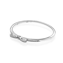Authentic Sterling Silver Sparkling Bow Bangle Bracelet for Pandora CZ Diamond Wedding Party Jewelry For Women Girlfriend Gift Bowknot Bracelets with Original Box